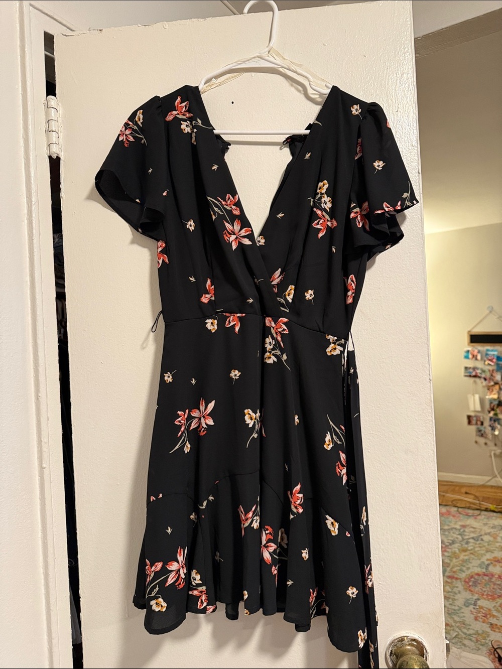 Black Floral Wrap Mini Dress with Tie Waist